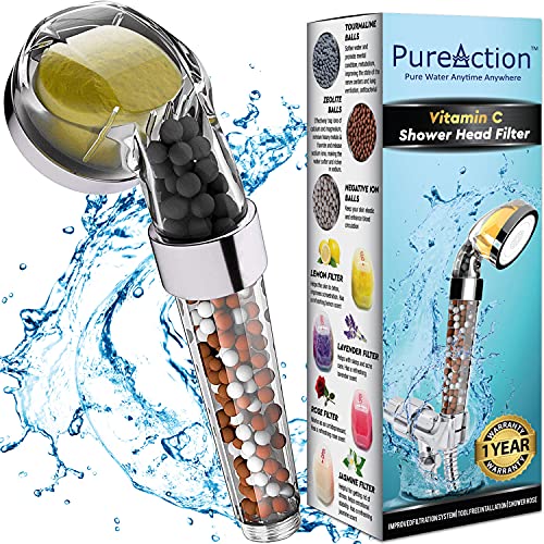 PureAction Vitamin C Shower Head with Hose & Replacement Filters - Hard Water Softener - Chlorine & Fluoride Filter - Water Purifying Filtered Showerhead with Beads - Helps Dry Skin & Hair Loss