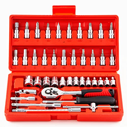 JENLEY Socket Wrench Set Ratchet Sets Mechanic Tools Kit Bit Sockets for Automotive Repair & Household,Metric,1/4-Inch Drive 46-Piece