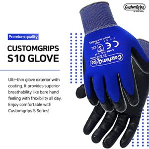 CustomGrips Super Thin Work Gloves, 12 Pairs, Large, Highly Breathable Cut Resistant Seamless Level 3 Resistance Nitrile Coat for Grip, Warehouse Jobs, Delicate Machine Works, Usable for Touchscreen