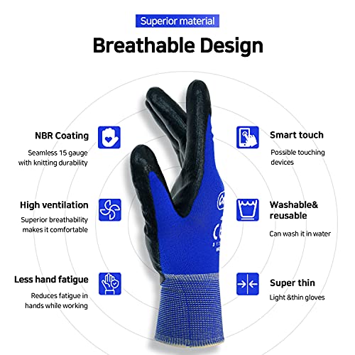 CustomGrips Super Thin Work Gloves, 12 Pairs, Large, Highly Breathable Cut Resistant Seamless Level 3 Resistance Nitrile Coat for Grip, Warehouse Jobs, Delicate Machine Works, Usable for Touchscreen