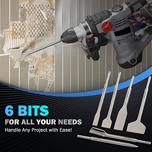 ZELCAN Chisel Set with SDS Plus Shanks, 6pc Masonry Concrete Drill Bit Set, Tile Grooving Scraping Flat Point Scaling Chisels 40Cr Steel Rotary Hammer Drill Tool Kit SDS Plus Bits for Home Improvement