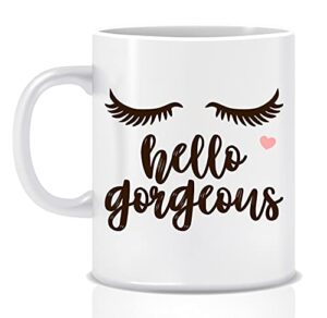 designs by kary hello gorgeous coffee mug 11oz for women's ceramic tea cup
