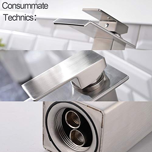 VESLA HOME Modern Single Handle Brushed Nickel Vessel Sink Faucet,Tall Wide Spout Waterfall Bathroom Faucet One Hole Above Counter Vanity Lavatory Sink Vessel Faucet