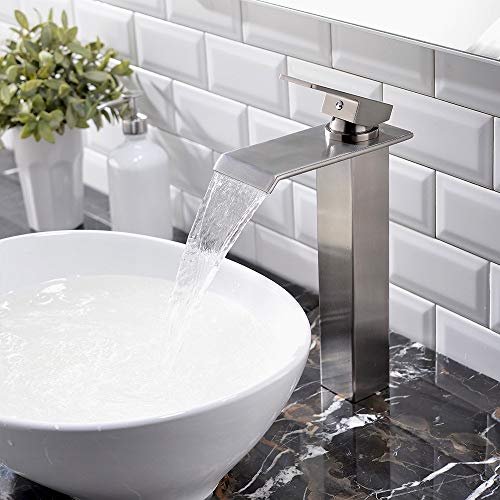 VESLA HOME Modern Single Handle Brushed Nickel Vessel Sink Faucet,Tall Wide Spout Waterfall Bathroom Faucet One Hole Above Counter Vanity Lavatory Sink Vessel Faucet