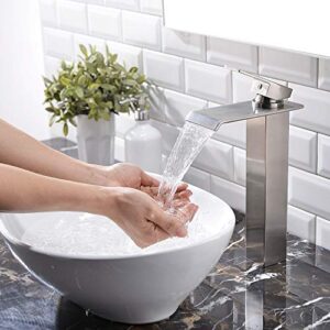 VESLA HOME Modern Single Handle Brushed Nickel Vessel Sink Faucet,Tall Wide Spout Waterfall Bathroom Faucet One Hole Above Counter Vanity Lavatory Sink Vessel Faucet