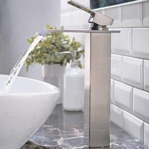 VESLA HOME Modern Single Handle Brushed Nickel Vessel Sink Faucet,Tall Wide Spout Waterfall Bathroom Faucet One Hole Above Counter Vanity Lavatory Sink Vessel Faucet