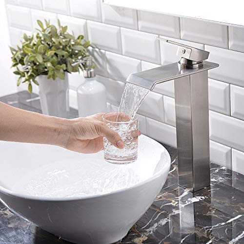 VESLA HOME Modern Single Handle Brushed Nickel Vessel Sink Faucet,Tall Wide Spout Waterfall Bathroom Faucet One Hole Above Counter Vanity Lavatory Sink Vessel Faucet