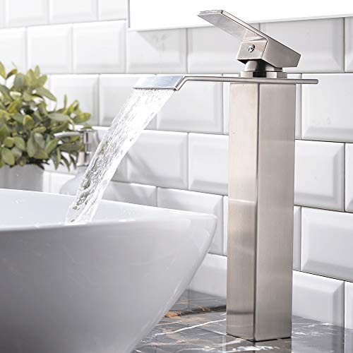 VESLA HOME Modern Single Handle Brushed Nickel Vessel Sink Faucet,Tall Wide Spout Waterfall Bathroom Faucet One Hole Above Counter Vanity Lavatory Sink Vessel Faucet