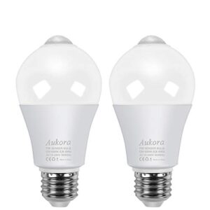 aukora motion sensor light bulbs, 12w (100-watt equivalent) e26 motion activated dusk to dawn security bulb outdoor/indoor for front door porch garage basement hallway closet(cold white 2 pack)