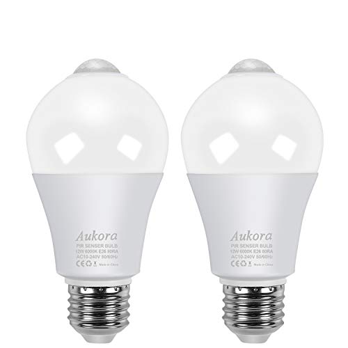 Aukora Motion Sensor Light Bulbs, 12W (100-Watt Equivalent) E26 Motion Activated Dusk to Dawn Security Bulb Outdoor/Indoor for Front Door Porch Garage Basement Hallway Closet(Cold White 2 Pack)