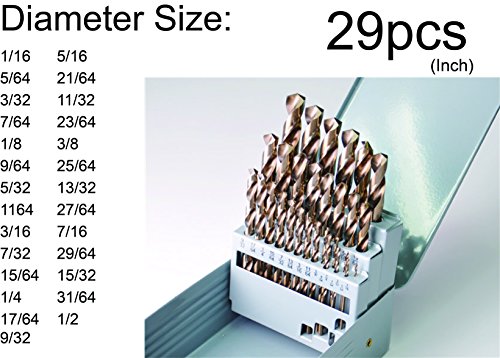 29pcs HSS Jobber Length Cobalt Drill Bits Set 1/16" - 1/2" in Metal Case