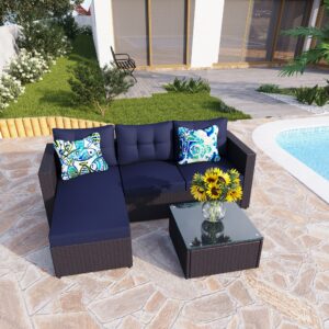 phi villa 77" wide outdoor rattan sectional sofa with cushions - small patio wicker furniture set (3 - person seating group, blue)