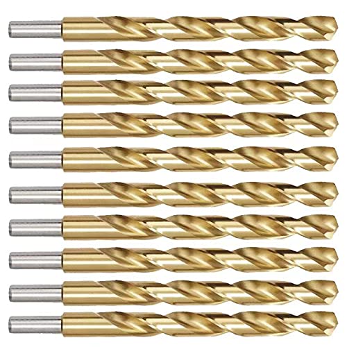 Oxtul, 10pcs 1/2 inch x 6 inch Titanium Drill Bits, High Speed Steel Twist Drill Bits, Jobber Length, Round Shank. Ideal for DIY, Home, General Building and Engineering Using.