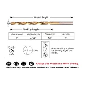 Oxtul, 10pcs 1/2 inch x 6 inch Titanium Drill Bits, High Speed Steel Twist Drill Bits, Jobber Length, Round Shank. Ideal for DIY, Home, General Building and Engineering Using.