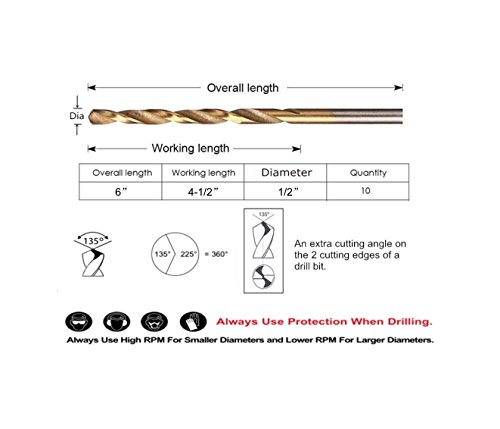 Oxtul, 10pcs 1/2 inch x 6 inch Titanium Drill Bits, High Speed Steel Twist Drill Bits, Jobber Length, Round Shank. Ideal for DIY, Home, General Building and Engineering Using.