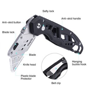 Box Cutter Knife Tingtio Box Cutter Box Knife Heavy Duty Folding Box Cutter Knife with 13 pcs Replacement Blades Belt Clip Black