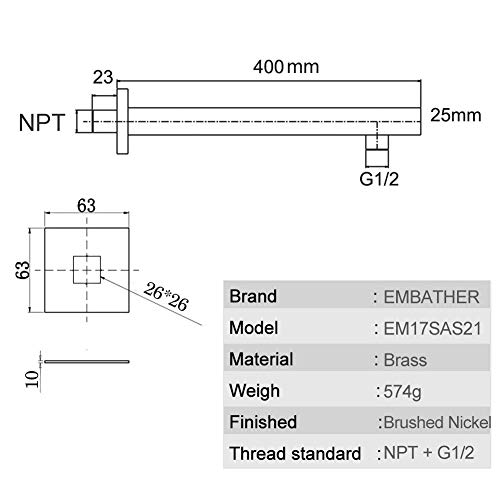 EMBATHER Extra Long and Thicken Brass 16 Inches Shower Extension Arm,Brushed Nickel Universal Shower Straight Wall-Mounted Shower Arm with Flange for 10''/12''/16''/18" Bathroom Rainfall Showerhead