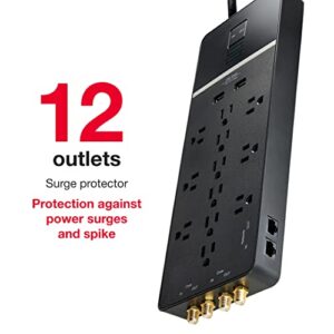 Rocketfish 12-Outlet/2-USB Surge Protector Strip - Provides Protection & Convenient Mobile Phone Charging - Black