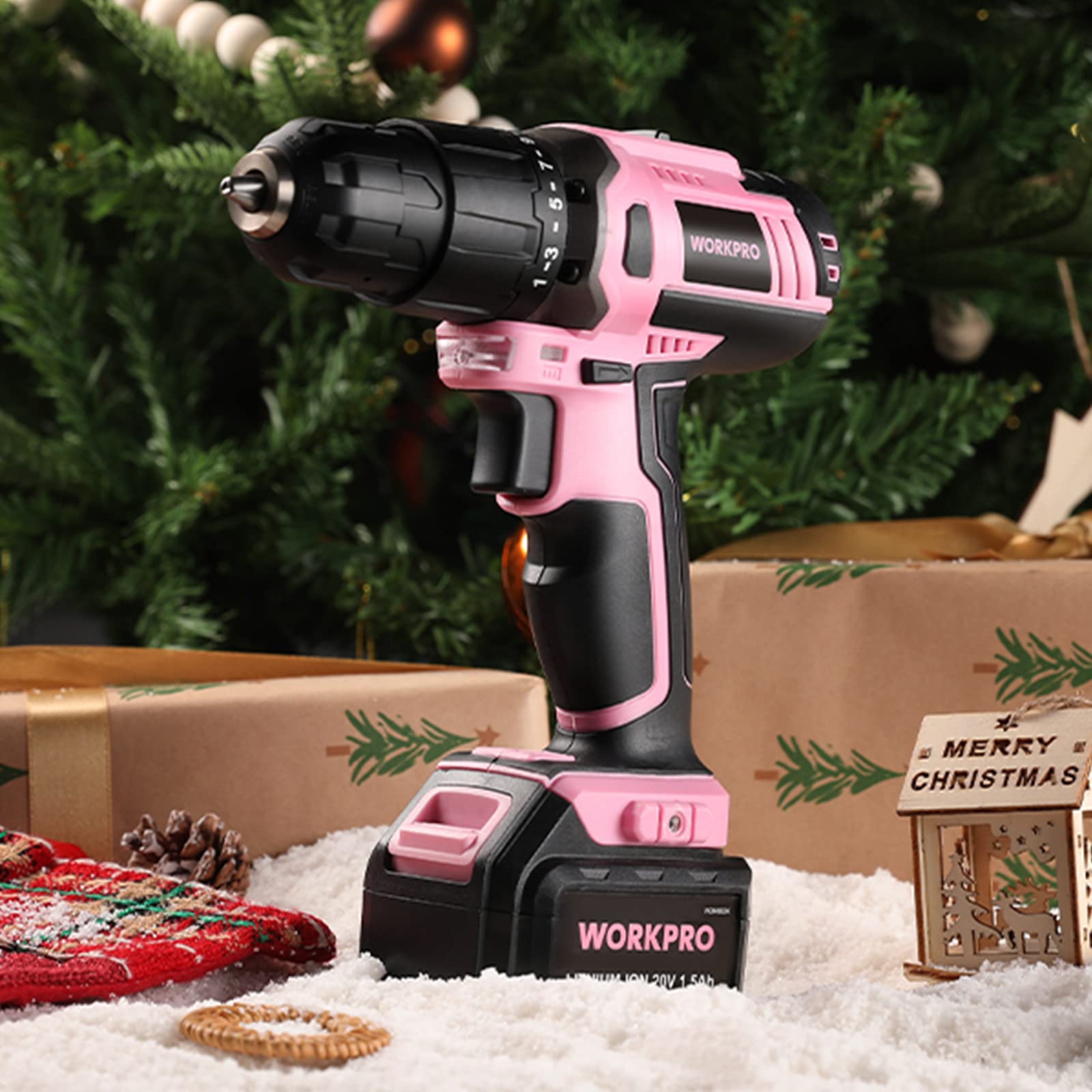 WORKPRO Pink Cordless 20V Lithium-ion Drill Driver Set, 1 Battery, Charger and Storage Bag Included - Pink Ribbon