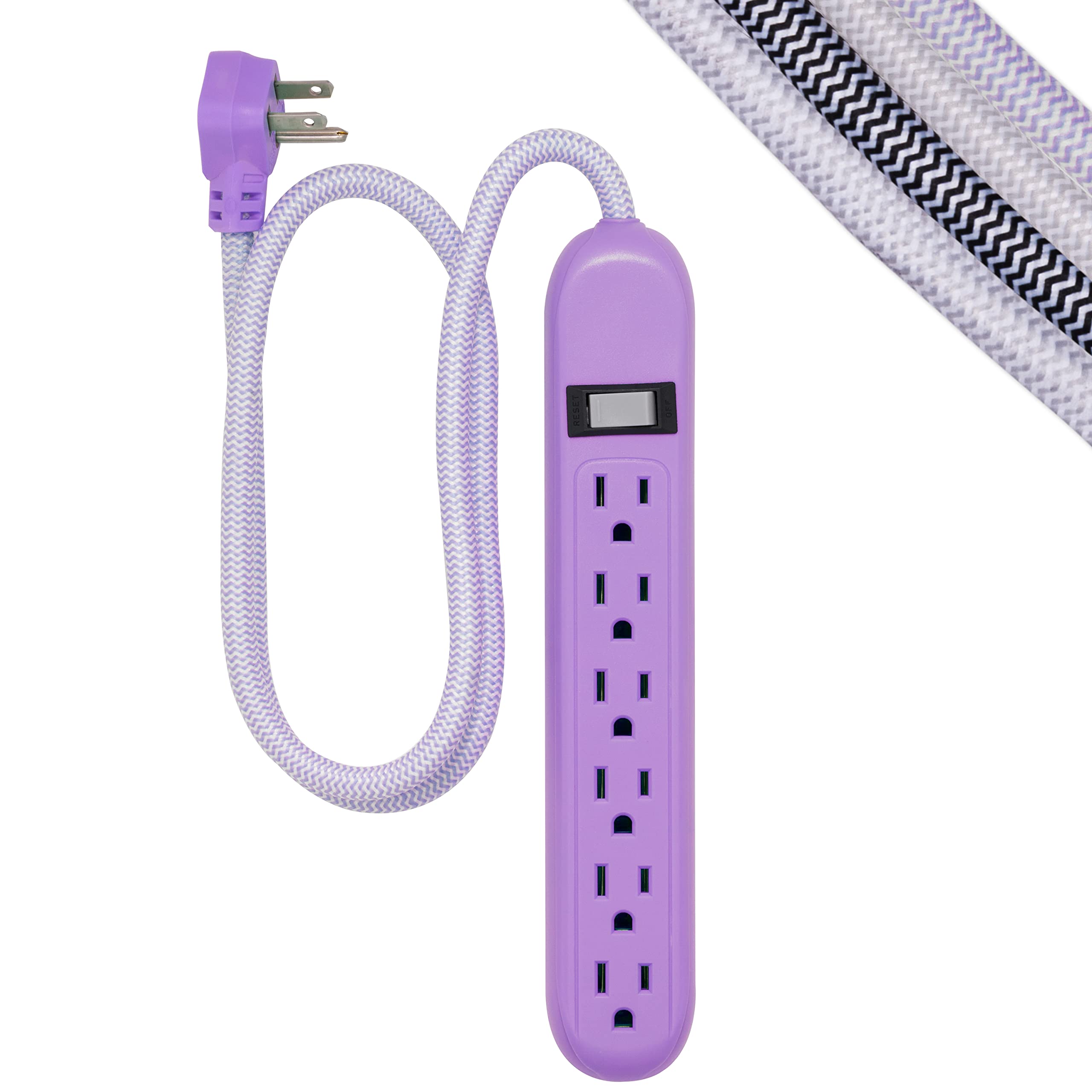 Cordinate 6-Outlet Surge Protector, Power Strip, Flat Plug, Braided Cord, Decorative, 3 ft Power Cord, Wall Mount, Tangle-Free, Warranty, Lavender, 41639