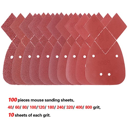 Swpeet 100 Pcs 10 Sizes Mouse Detail Sander Sanding Sheets Sandpaper with Extra 2 Tips for Replacement to Fit Black and Decker Detail Palm Sander - 40/60/80/100/120/180/240/320/400/800 Grits