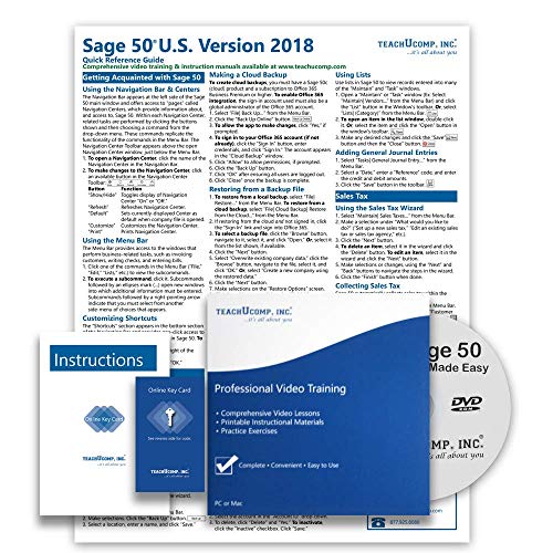 TEACHUCOMP DELUXE Video Training Tutorial Course for Sage 50 v. 2018 (U.S. Version)- Video Lessons, PDF Instruction Manual, Quick Reference Guide, Testing, Certificate of Completion