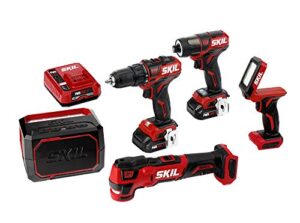 skil 5-tool combokit: pwrcore 12 brushless 12v drill driver, impact driver, oscillating multitool, area light and bluetooth speaker, includes two 2.0ah lithium batteries and pwrjump charger - cb736801