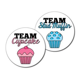 36 2.5-inch team cupcake and stud muffin gender reveal party stickers