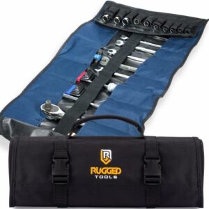 32 pocket tool roll organizer - wrench & pouch includes pouches for 10 sockets up bag electrician, hvac, plumber, carpenter or mechanic from rugged