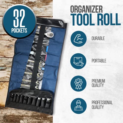 32 Pocket Tool Roll Organizer - Wrench & Pouch Includes Pouches for 10 Sockets Up Bag Electrician, HVAC, Plumber, Carpenter or Mechanic from Rugged