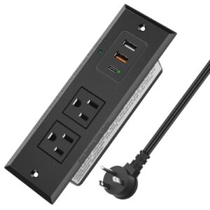 type-c recessed power socket, 20w pd fast charging usb-c qc3.0 3a usb-a power strip, plug in 2 outlets & 2 usb-a ports &1 usb-c port,connect flat plug 6.5ft extension cord black