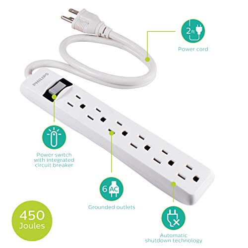 PHILIPS 6 Outlet Power Strip Surge Protector, 2ft Power Cord, Straight Plug, Wall Mount, 450 Joules, UL Listed, Circuit Breaker, Automatic Shutdown, White, SPP3063WP/37 