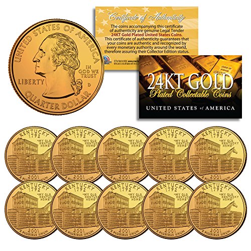 2001 Kentucky State Quarters U.S. Mint BU Coins 24K Gold Plated (LOT of 10)