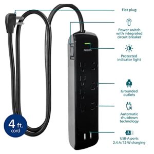 Philips 7 Outlet Power Strip Surge Protector, 2 USB Charging Ports, 4ft Power Cord, Flat Plug, Wall Mount, 1440 Joules, ETL Listed, Circuit Breaker, Automatic Shutdown, Black, SPP6270BC/37