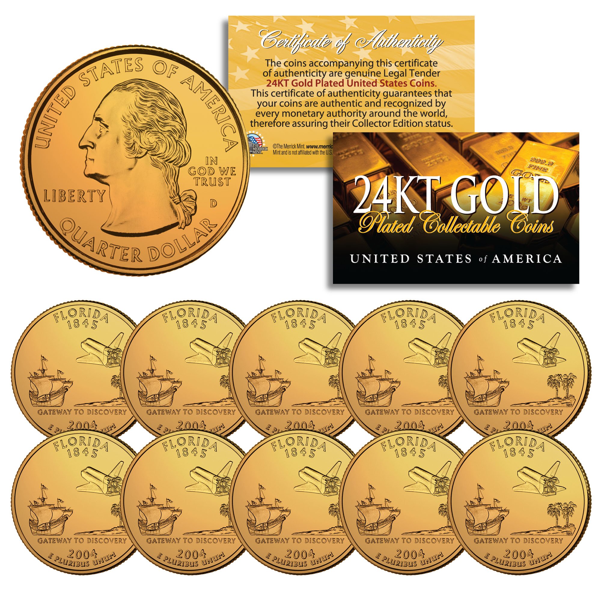 2004 Florida State Quarters U.S. Mint BU Coins 24K Gold Plated (LOT of 10)