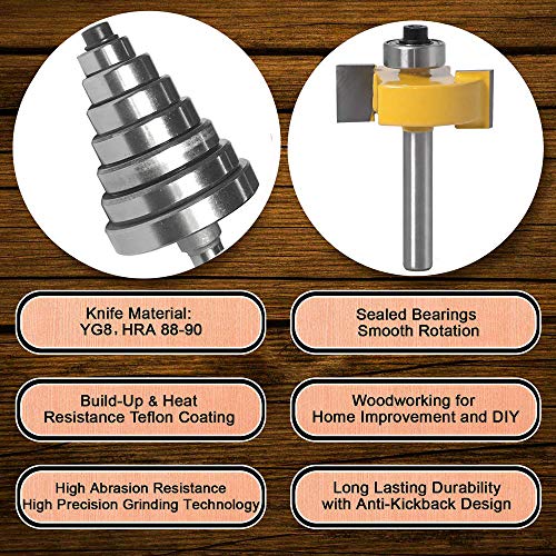 Eyech 1/4 Inch Shank Rabbet Router Bit Set with 6 Bearings Rabbeting Router Bit Bearings Set for Multiple Depths 1/8", 1/4", 5/16", 3/8", 7/16", 1/2"