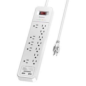 power strip surge protector, huntkey extension cord with 2 usb ports and 12 outlets, 6 feet power cord(1875w/15a), 2390 joules, for home office, dorm essentials, etl listed, white
