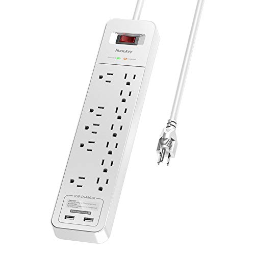 Power Strip Surge Protector, Huntkey Extension Cord with 2 USB Ports and 12 Outlets, 6 Feet Power Cord(1875W/15A), 2390 Joules, for Home Office, Dorm Essentials, ETL Listed, White