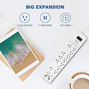 Power Strip Surge Protector, Huntkey Extension Cord with 2 USB Ports and 12 Outlets, 6 Feet Power Cord(1875W/15A), 2390 Joules, for Home Office, Dorm Essentials, ETL Listed, White