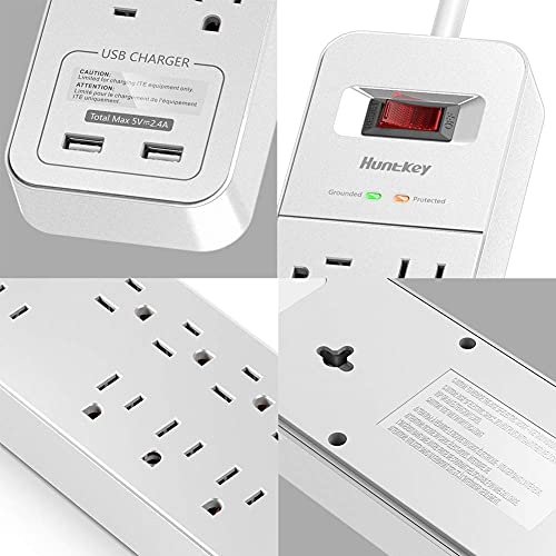 Power Strip Surge Protector, Huntkey Extension Cord with 2 USB Ports and 12 Outlets, 6 Feet Power Cord(1875W/15A), 2390 Joules, for Home Office, Dorm Essentials, ETL Listed, White