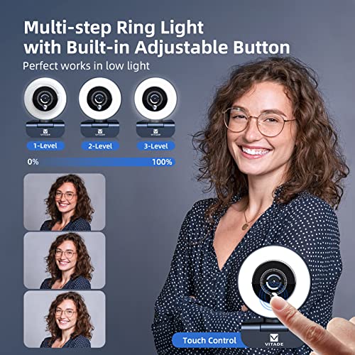 VITADE Streaming Webcam with Adjustable Ring Light, Full HD 1080P Webcam with Dual Microphones and Advanced Auto-Focus,Pro Web Camera for Online Learning, Zoom Meeting Skype Teams, Gaming Laptop