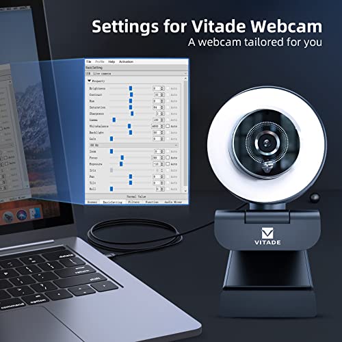 VITADE Streaming Webcam with Adjustable Ring Light, Full HD 1080P Webcam with Dual Microphones and Advanced Auto-Focus,Pro Web Camera for Online Learning, Zoom Meeting Skype Teams, Gaming Laptop