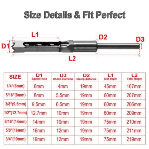 SaferCCTV Square Hole Drill Bit, Steel Woodworking Mortiser Hardness Sharp Durable Mortising Chisel Set 1/2-Inch, 1/4-Inch, 3/4inch, 3/8-Inch, 5/8-Inch, 5/16-Inch, 9/16-Inch -7pcs