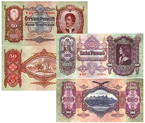 HU 1030 ORNATE GIANT SIZE HUNGARY 50 & 100 PENGO BANKNOTES w HISTORIC VIGNETTES Moderately Circulated VF-XF RANGE