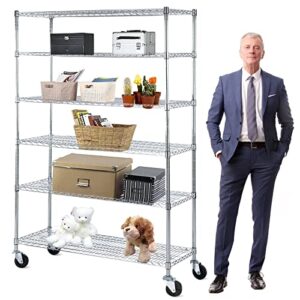6 tier wire shelving rack,steel shelf 48" w x 18" d x 82" h adjustable storage system with casters/wheels and feet levelers,garage shelving unit, storage shelving rack,kitchen/office rack (chrome)