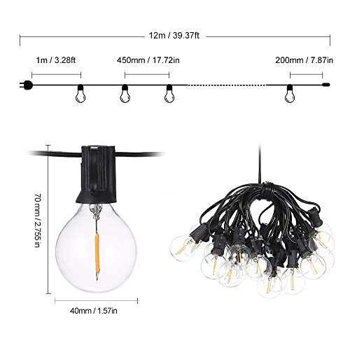 LED Globe G40 Outdoor String Lights, 40Ft Patio Lights with 25+3 Glass Bulbs(1w, 2700k), Commercial Hanging Lights for Backyard Bistro Pergola Party Decor