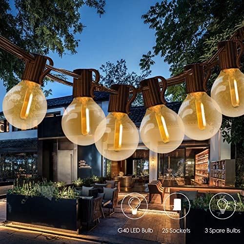 LED Globe G40 Outdoor String Lights, 40Ft Patio Lights with 25+3 Glass Bulbs(1w, 2700k), Commercial Hanging Lights for Backyard Bistro Pergola Party Decor