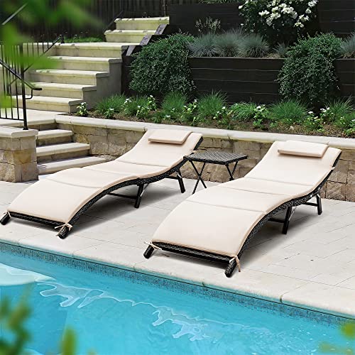 Homall 3 Pieces Patio Chaise Lounge Chair Sets Outdoor Beach Pool PE Rattan Reclining Chair with Folding Table and Cushion (Beige)