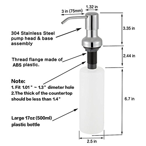 Kabter Built in Deck Mount Kitchen Sink Soap Dispenser 17oz, Brushed Stainless Steel