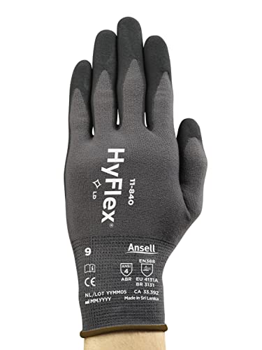 Ansell HyFlex 11-840 Ergonomic Abrasion-Resistant Nylon Spandex Nitrile Coated Industrial Gloves for Automotive, Fabrication - Large (9) Grey (144 Pairs)